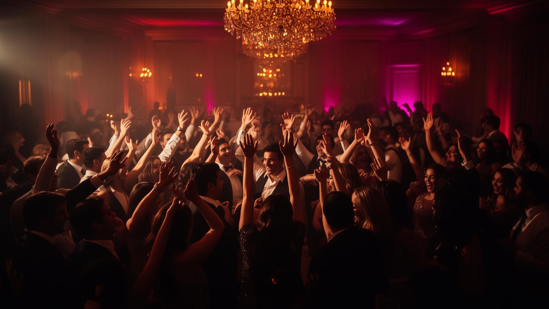 Elegant ballroom event with dramatic lighting